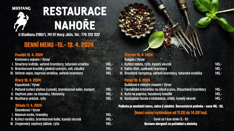 Týdenní menu v restauraci Nahoře  15.4.2024 – 19.4.2024